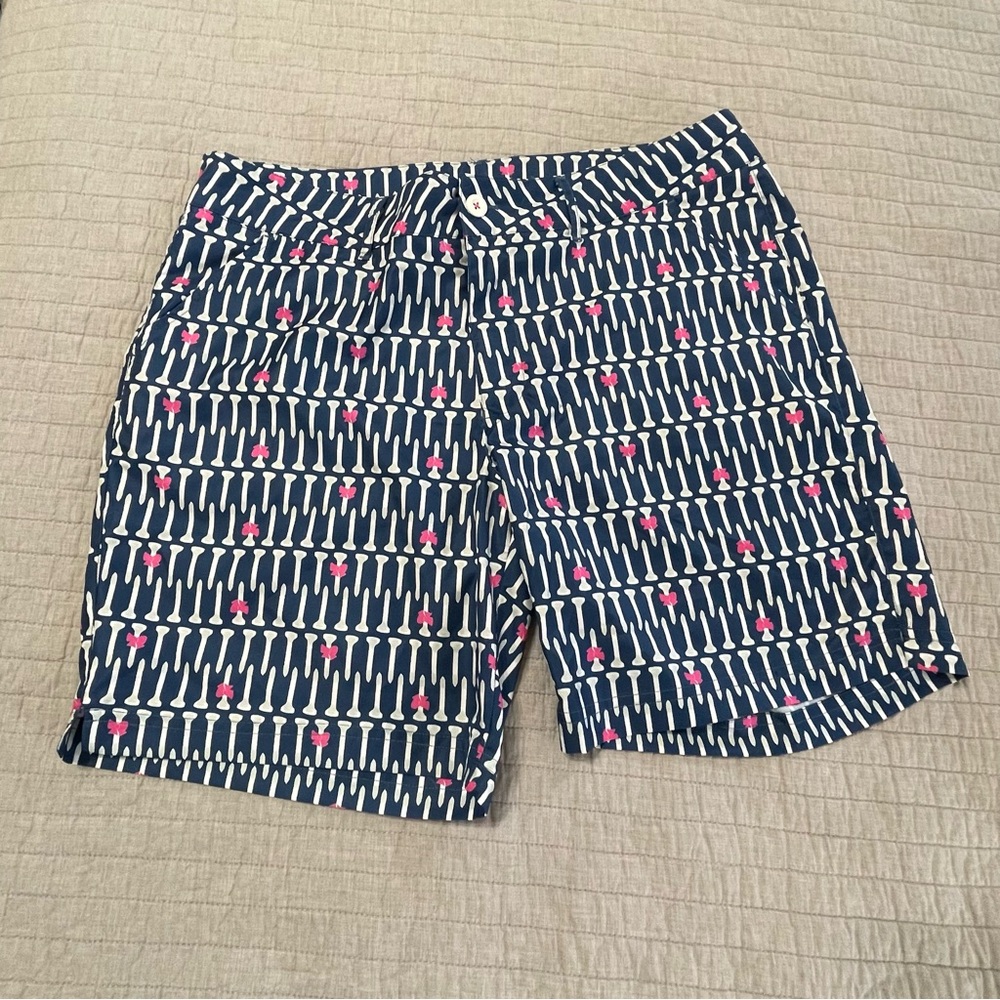 Birdies and Bows Golf Shorts Womens 12 Blue Bermuda Tees and Bows All Over Print